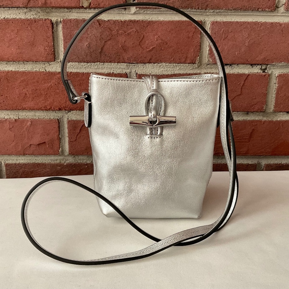NEW Longchamp Roseau XS Crossbody Silver Leather Bucket  Bag NWT